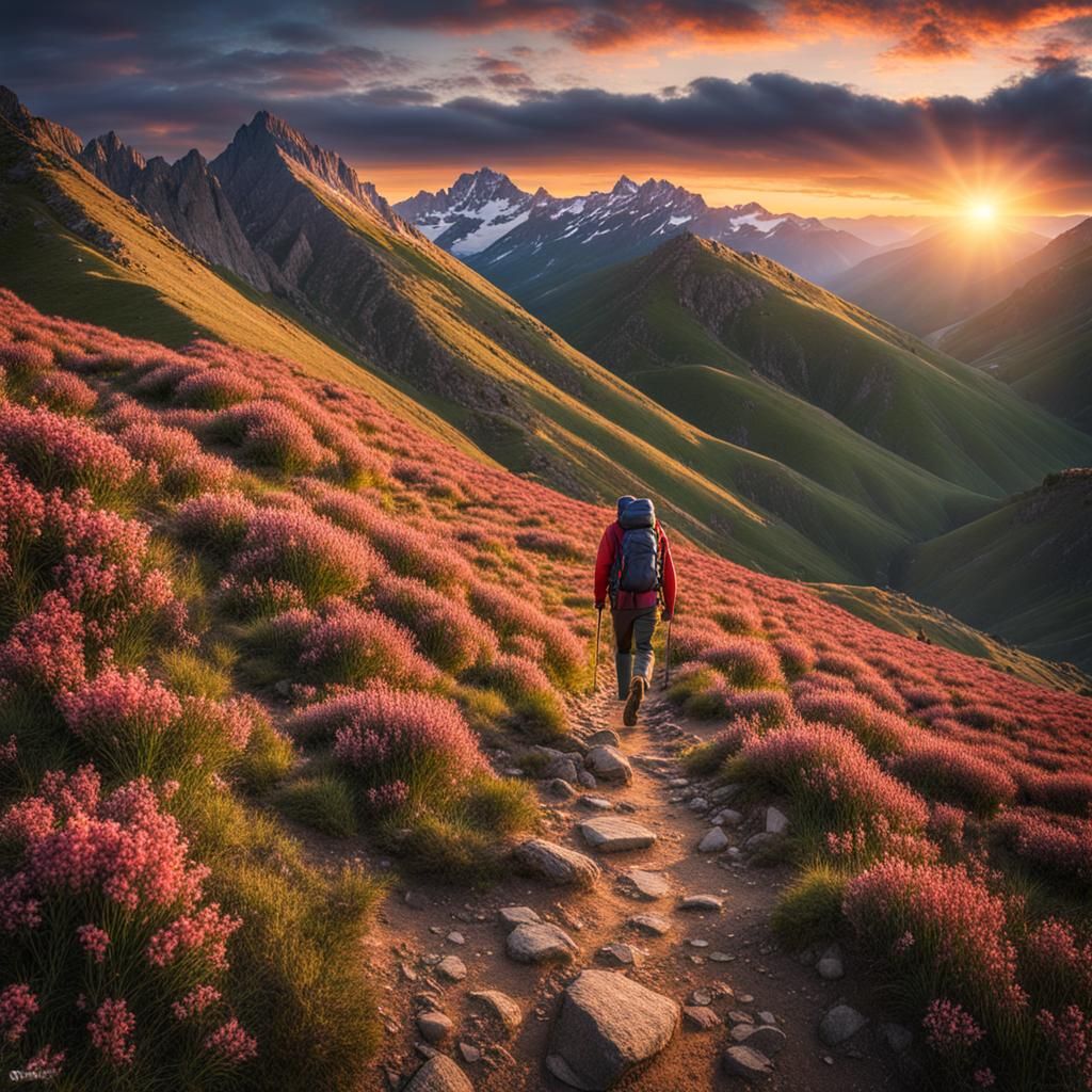 Spring Sunrise Hiker: Hyperdetailed HDR Mountain Vista