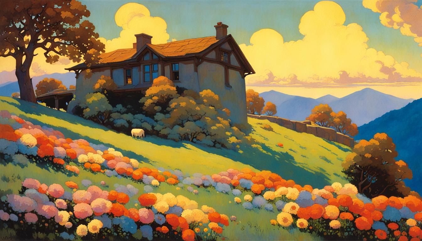 Idyllic Hillside Home in Golden Age Illustration Style