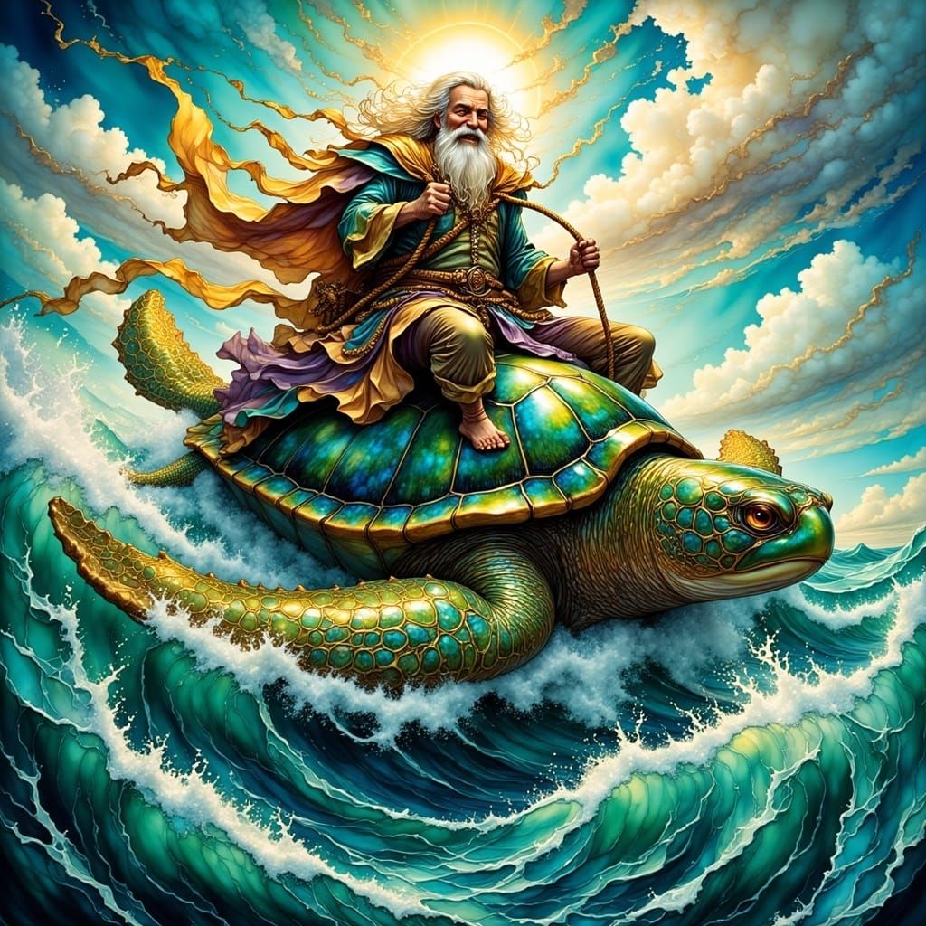 Elderly Man Rides Sea Turtle in Dreamlike Illustration