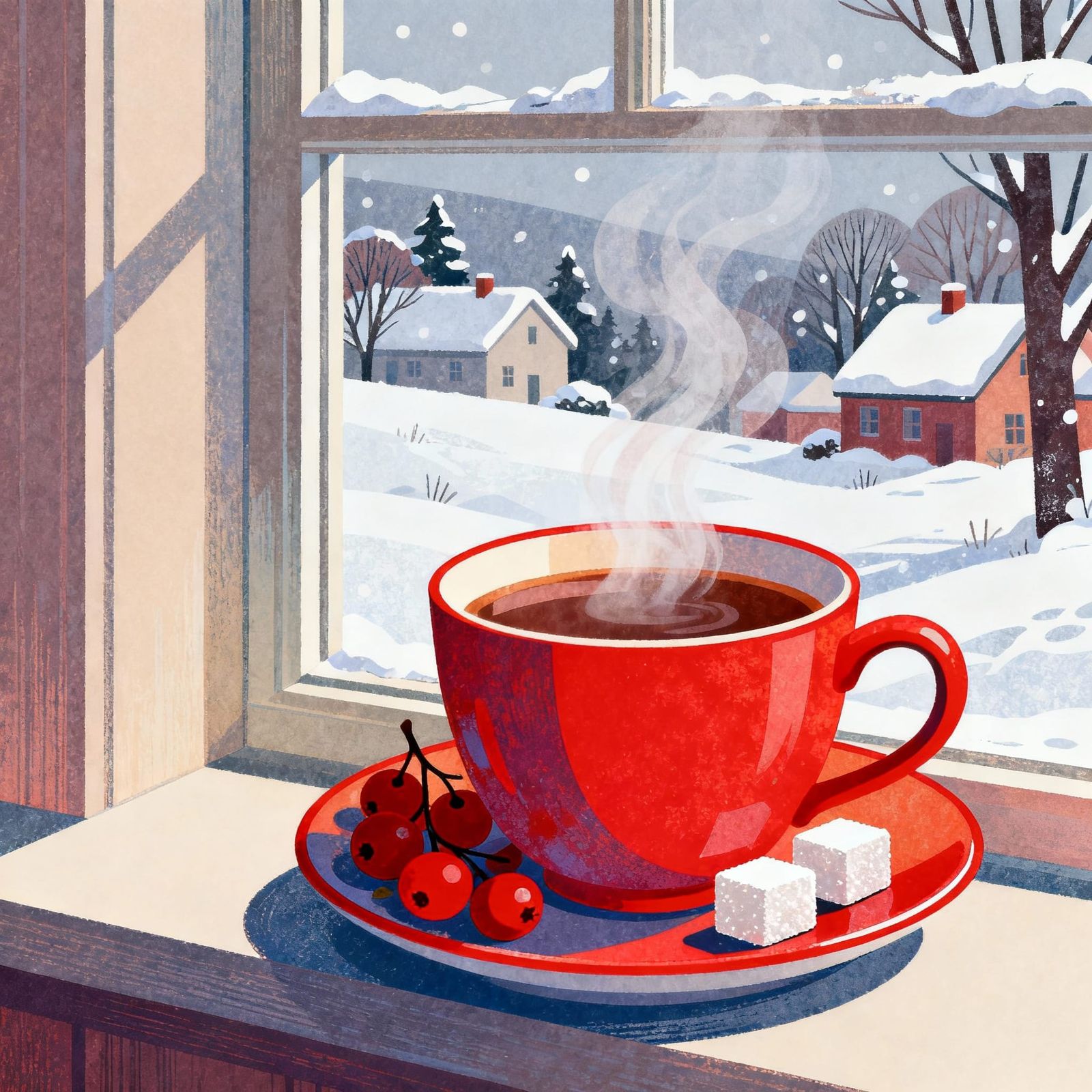 Cozy Winter Room With Steaming Drink and Snowy View
