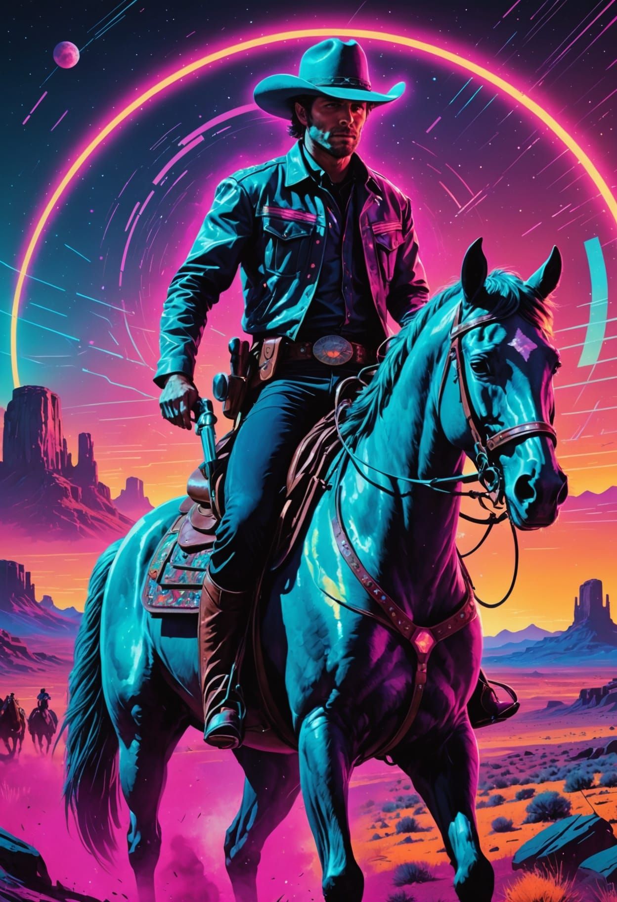 Cowboy Rides Holographic Steed in Digital Frontier