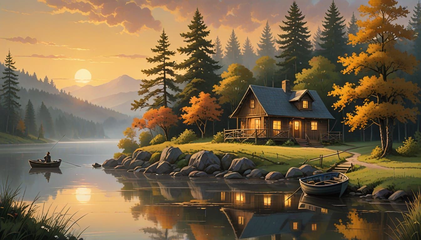Fisherman's Cottage by Misty Lake, Bob Ross Style