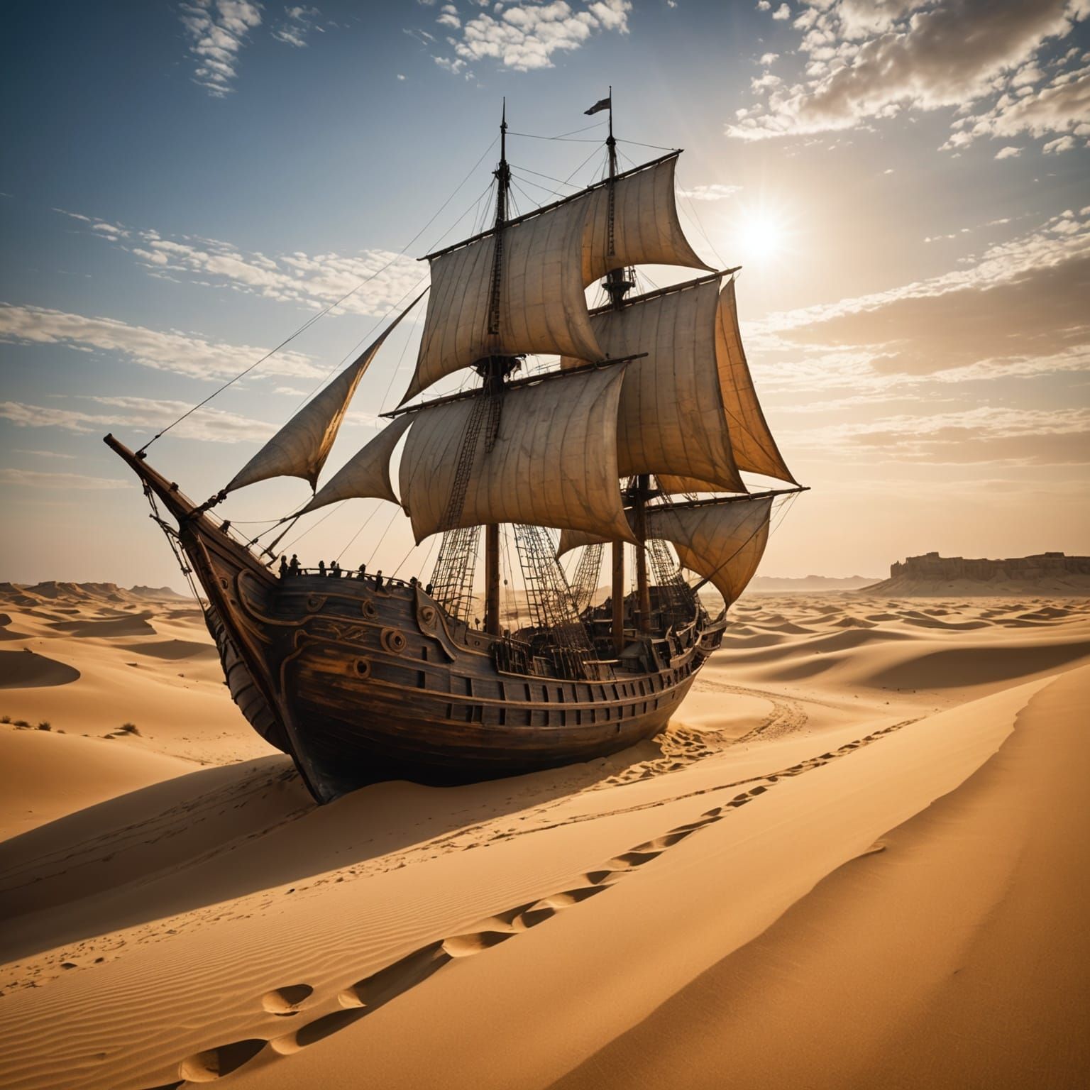 Majestic Wooden Ship Sails Golden Desert in Cyberpunk Style