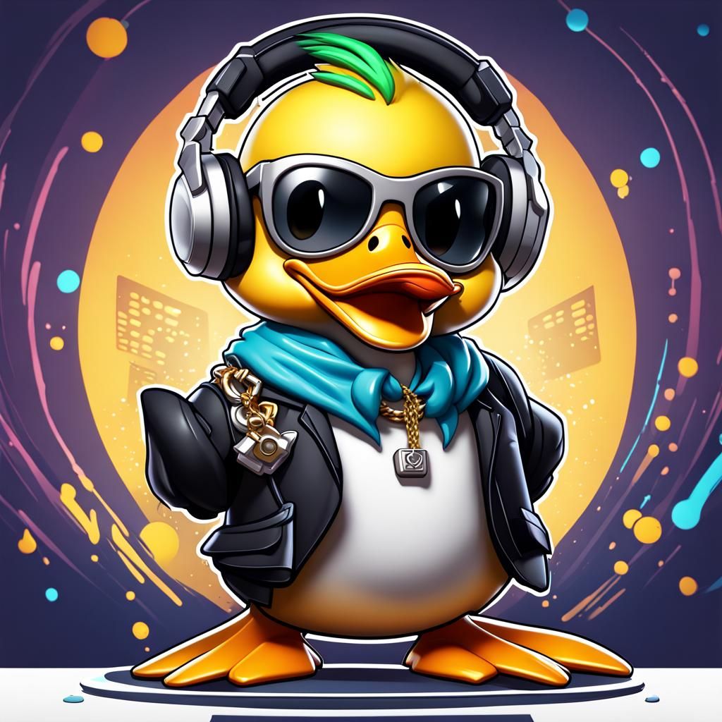 Chibi DJ Duck Mascot Logo, Detailed Digital Art