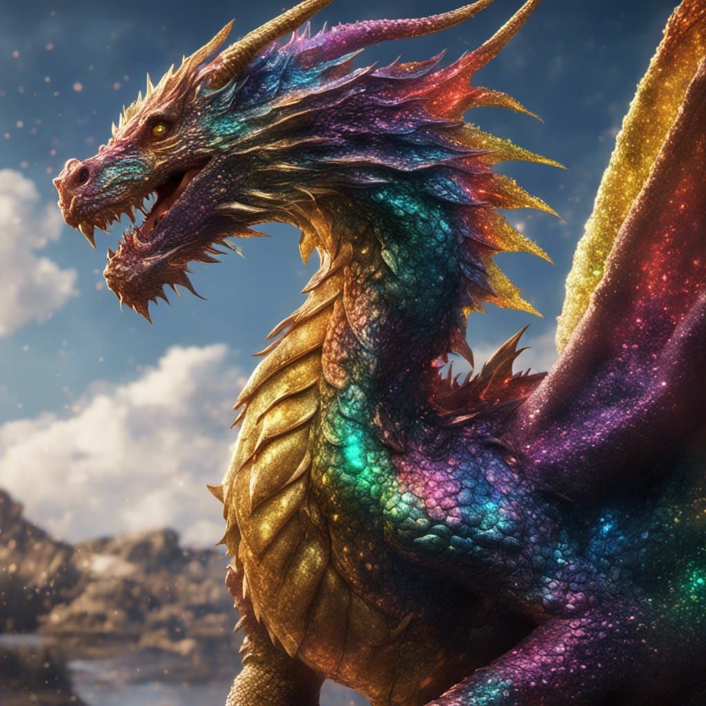 Rainbow Glitter Dragon in Dark Fantasy Style