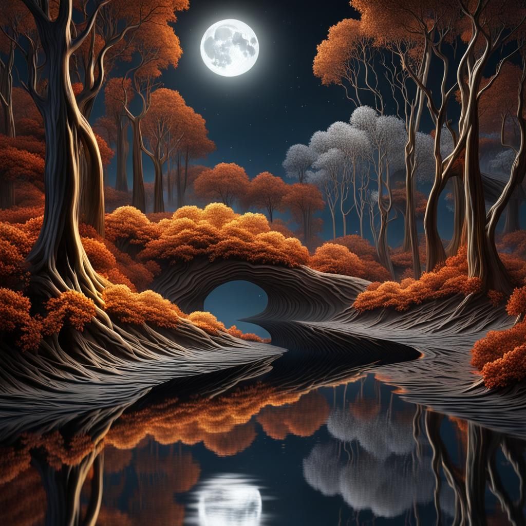 Molten Silver River in a Moonlit Forest