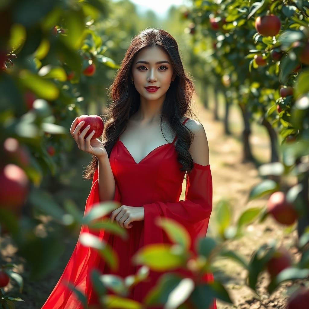 Chinese Woman in Orchard with Red Apple