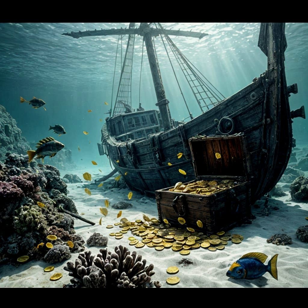 Sunken Pirate Ship Treasure in Hyperreal Underwater Scene