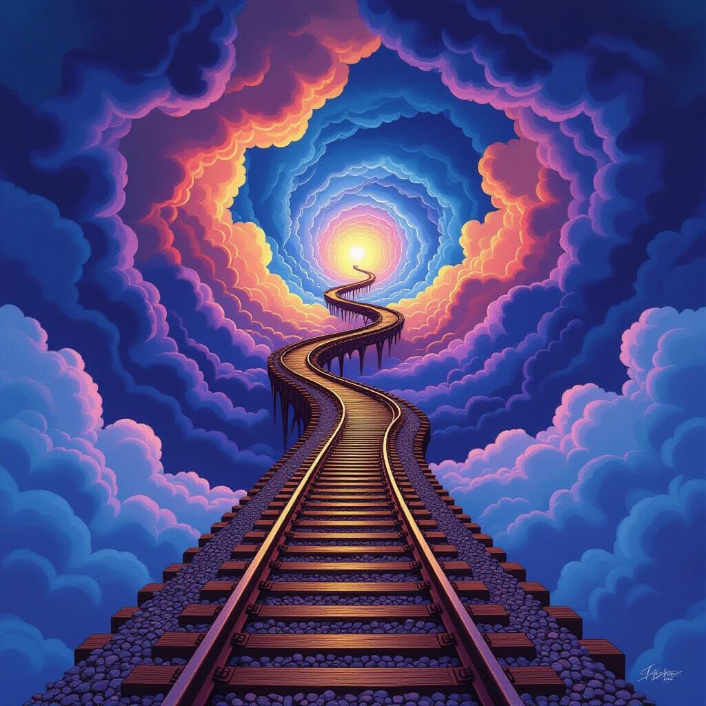 Mystical Pathway Above Forked Train Rails in Surreal Style