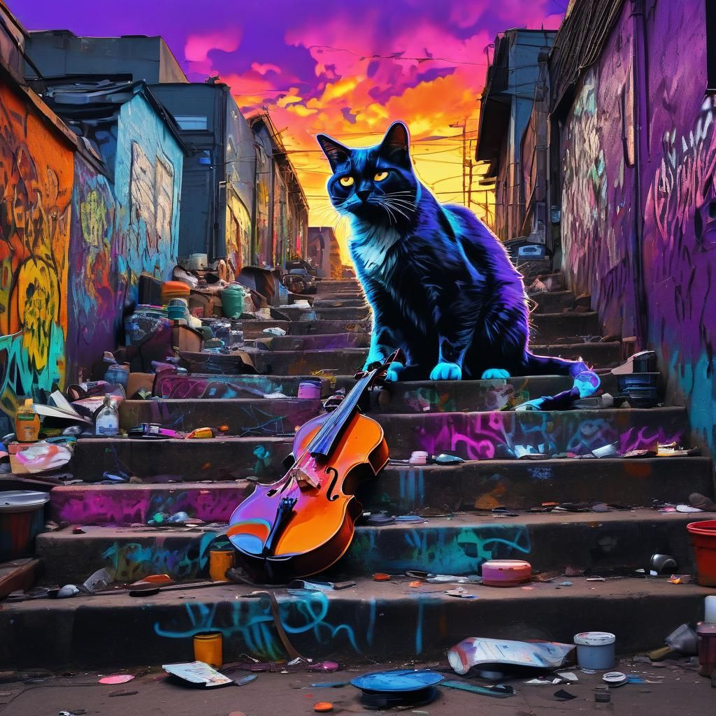 Urban Graffiti Cat Fiddler in Vibrant Street Art