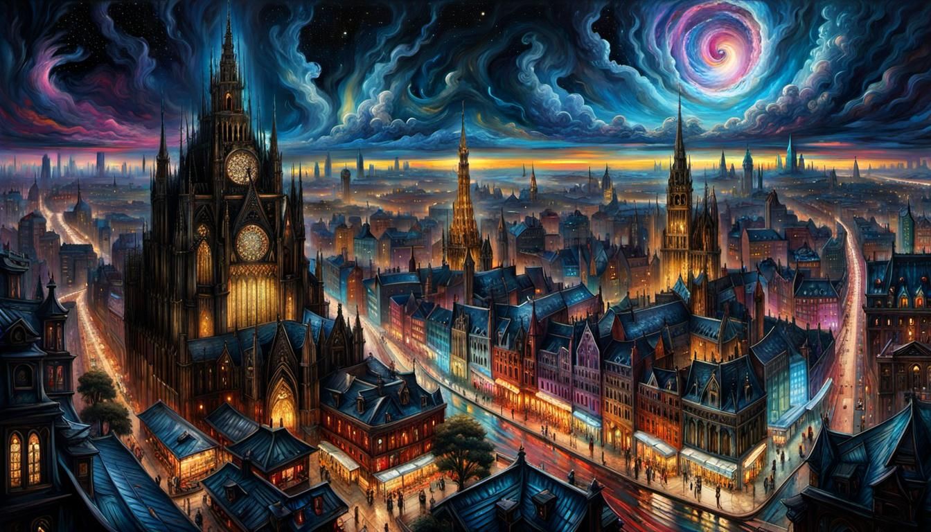 Gothic Cityscape with Iridescent Lighting and Stars