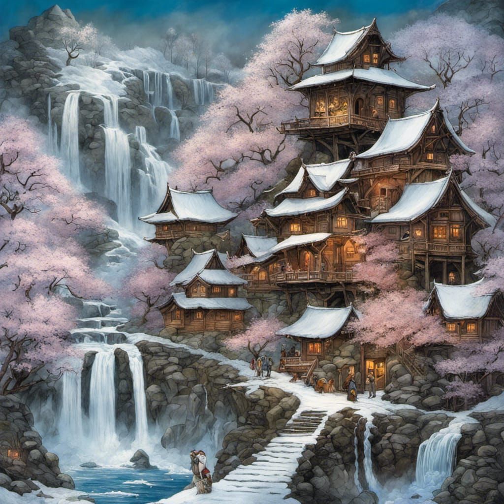 Snowy Japanese Village Fantasy Art