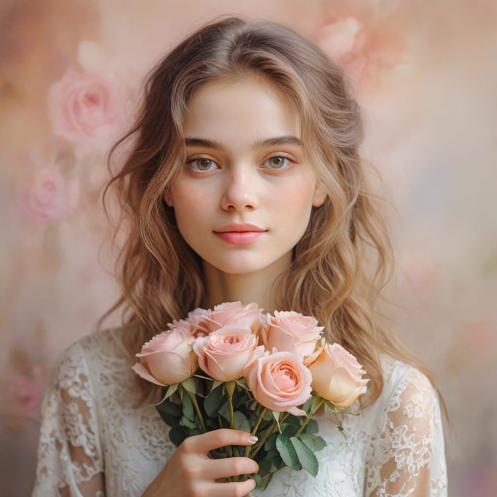 Woman with Roses in Whimsical Watercolor Style