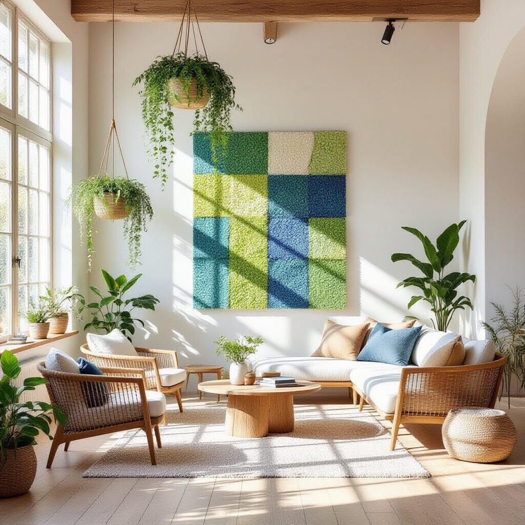 Scandinavian Living Room with Vibrant Eco-Art Installation