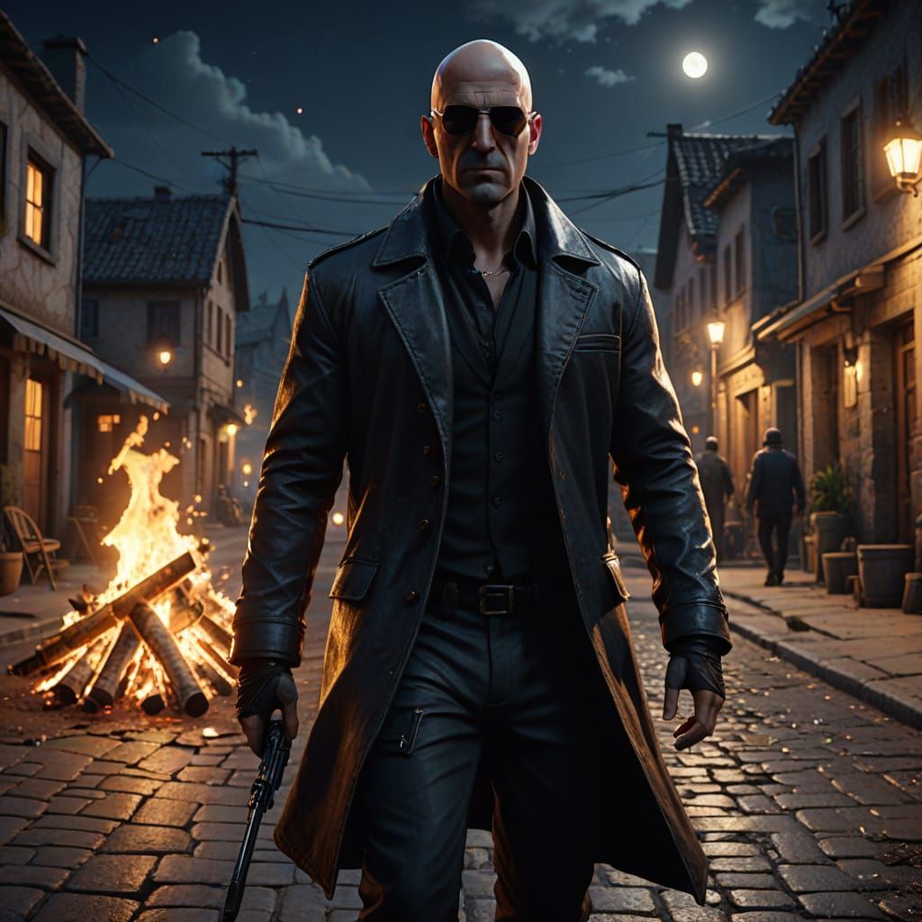 Bald Warlock Walks on Fire in Moonlight City