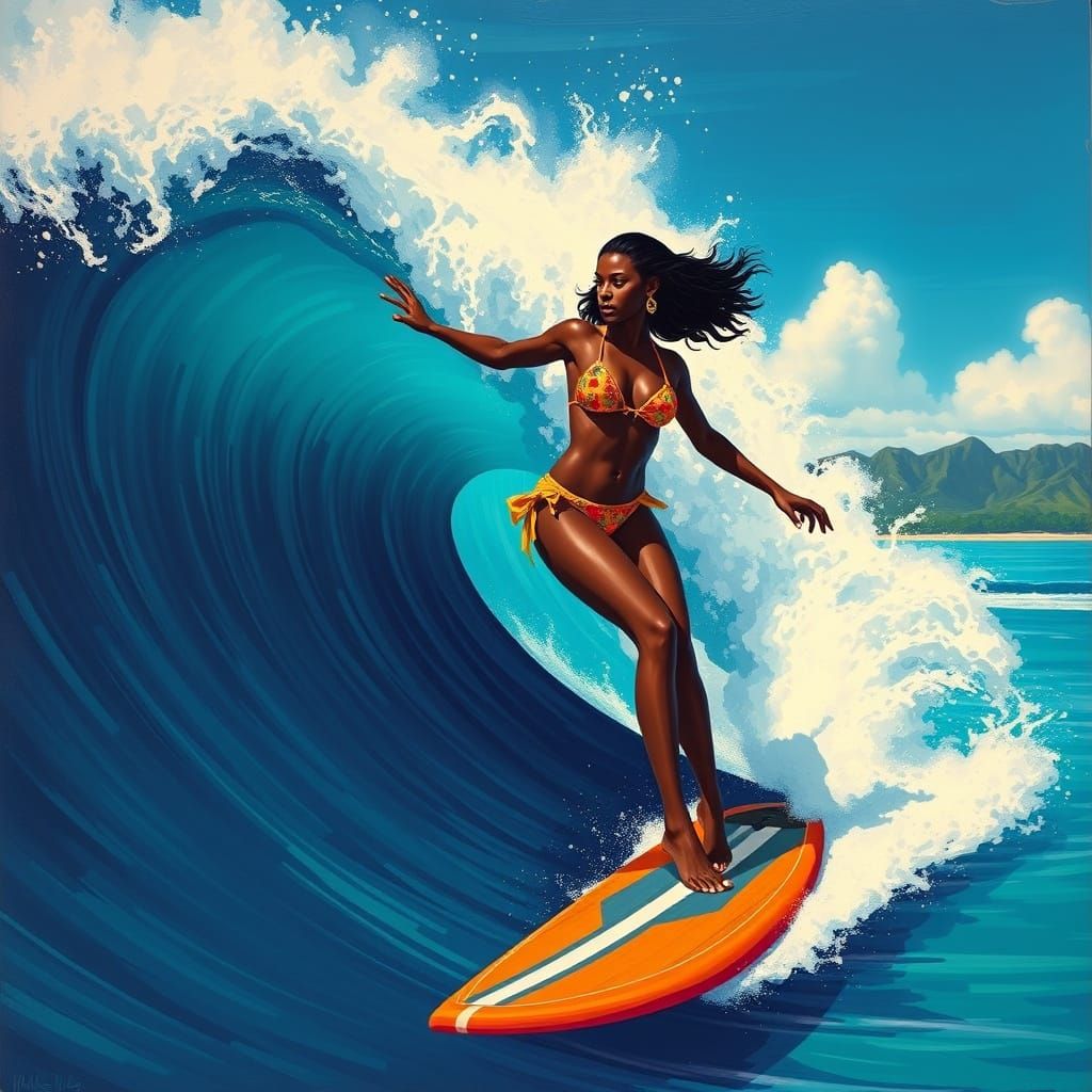 Vibrant Hawaiian Surf Goddess in Bold Colors