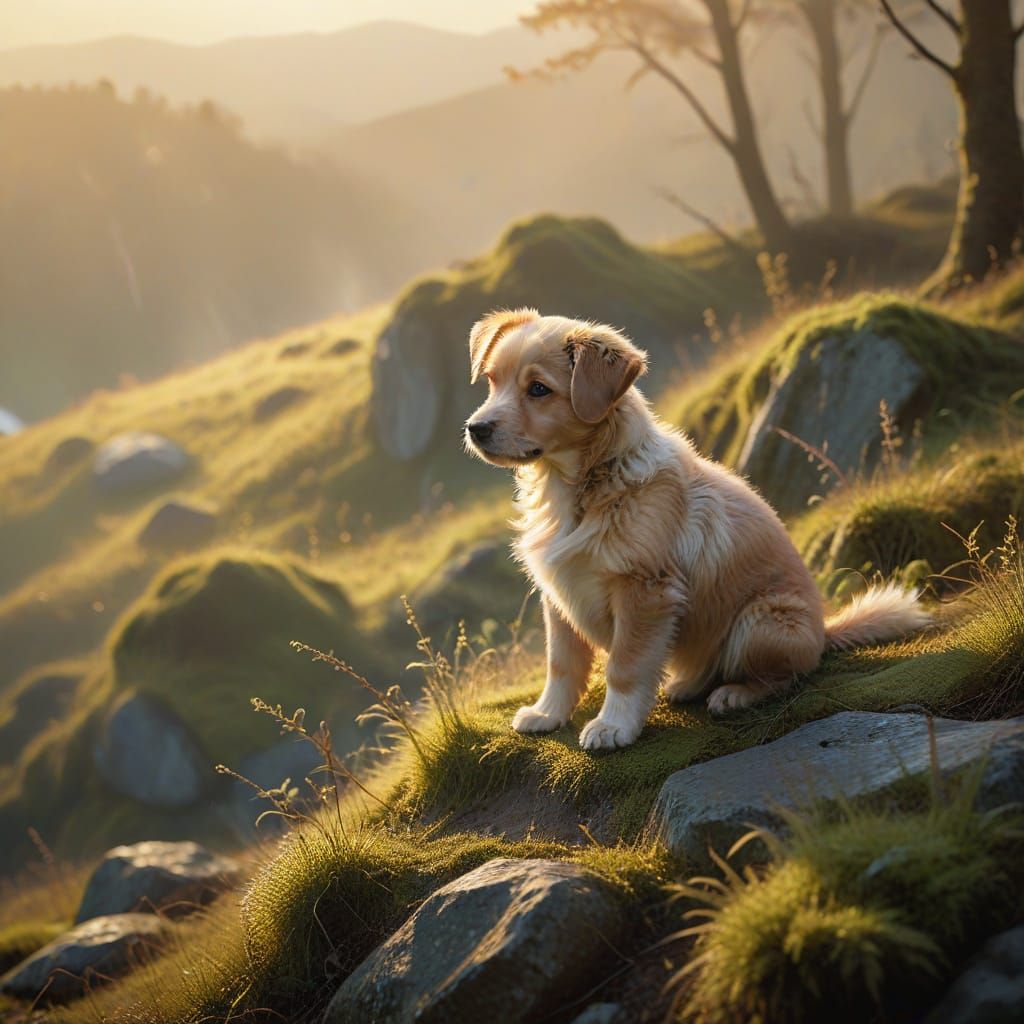Puppy on Mossy Hill in Golden Hour Light
