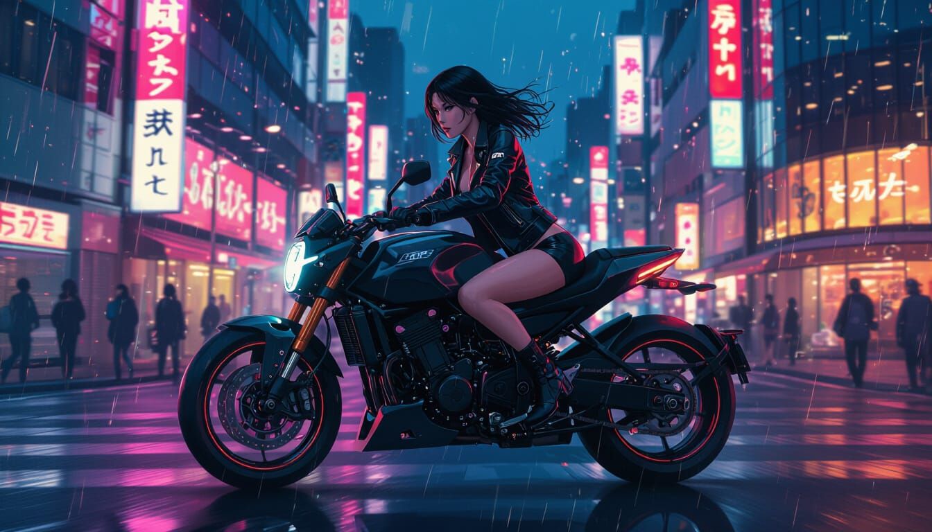 Cyberpunk Anime Woman Rides Motorcycle in Tokyo