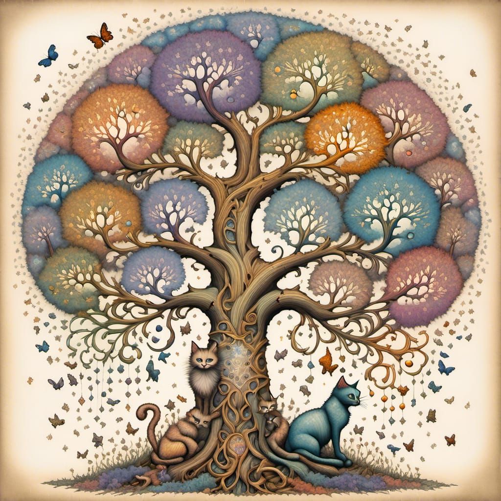 Magical Cat Tree Illustration in Pastel Colors