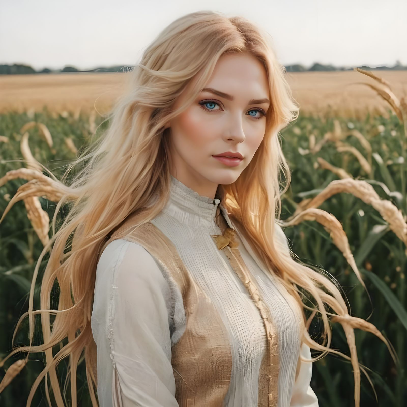 Enigmatic Young Woman with Blonde Hair and Blue Eyes