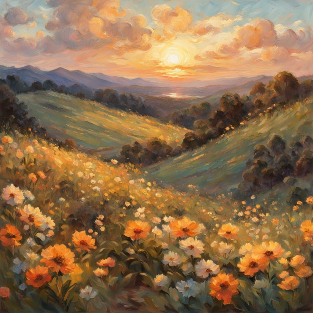 Impasto Landscape: Rolling Hills at Sunset with Wildflowers