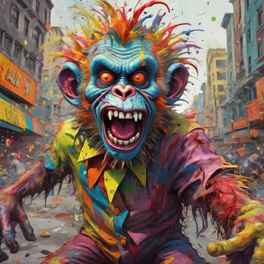 Cartoon Zombie Monkey Clown Havoc in City