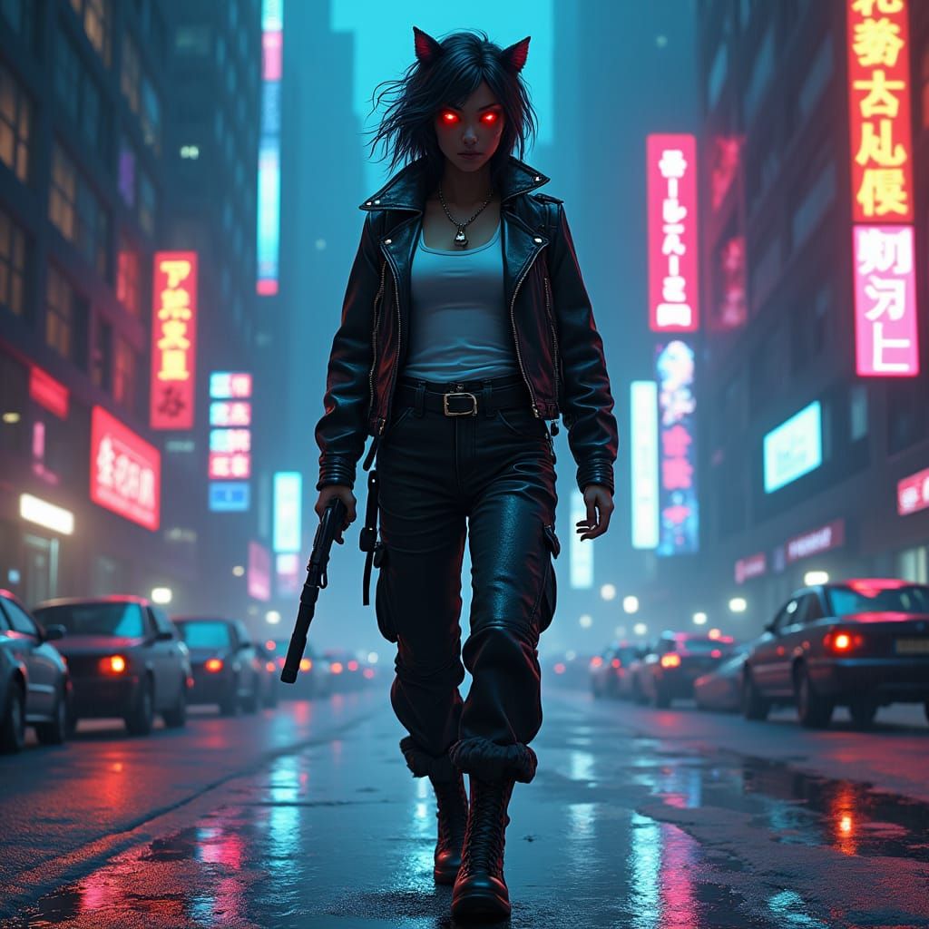 Cyberpunk Cat Detective in Neon Cityscape