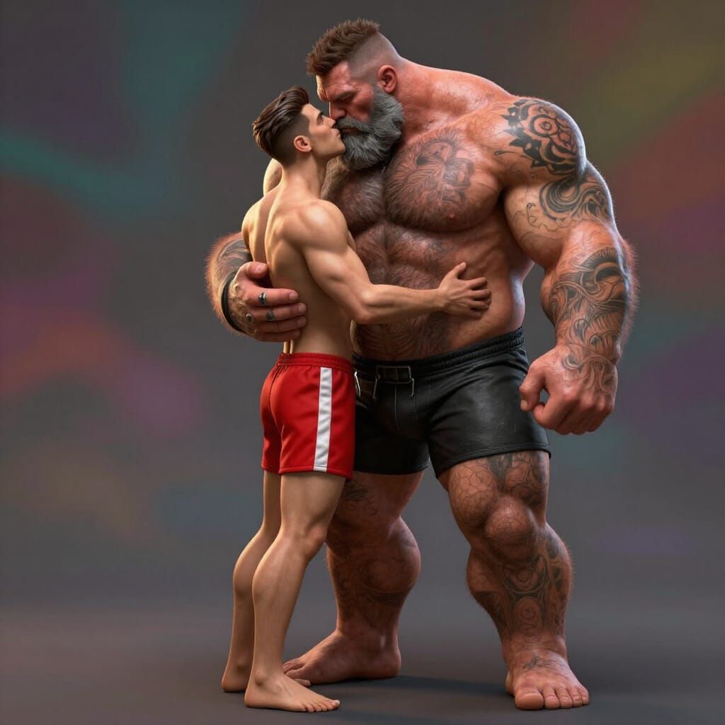 Muscular Biker Man Embraces Lover in Dramatic Lighting