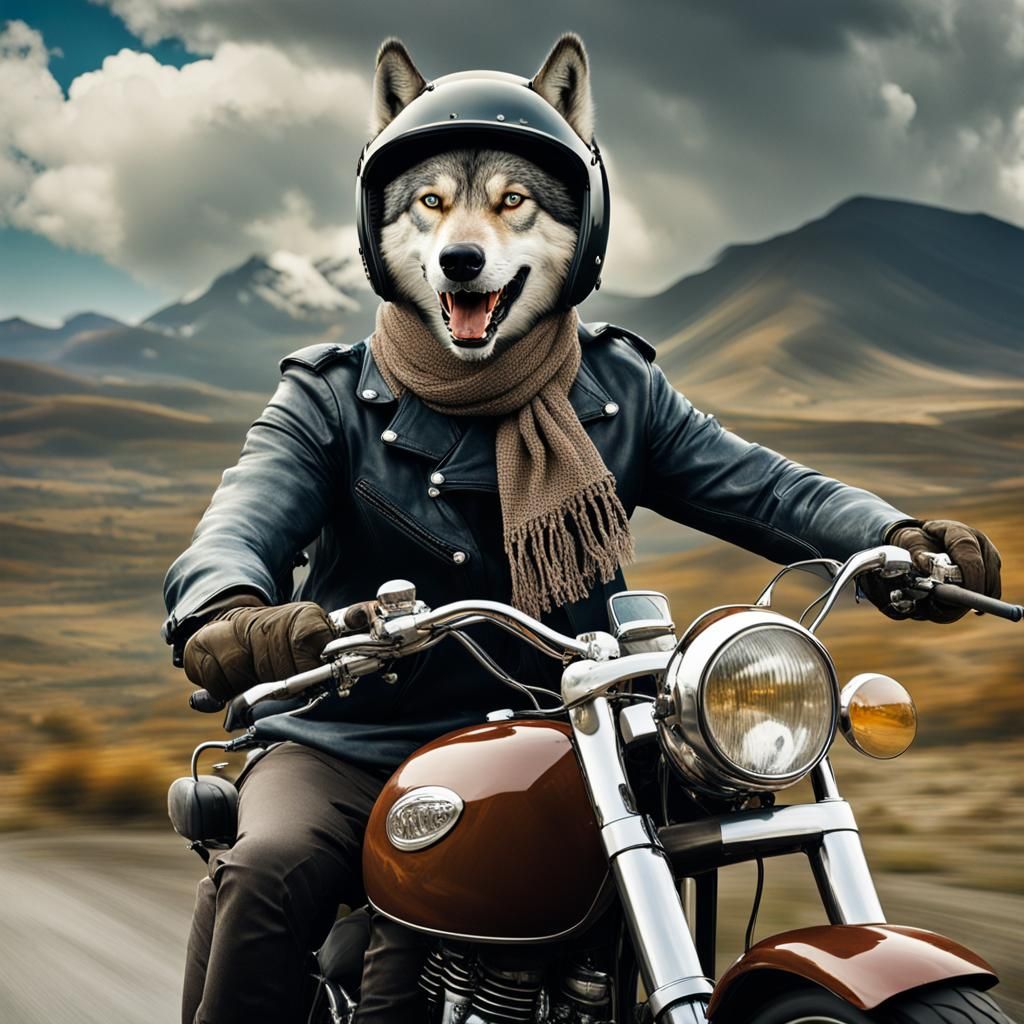 Wolf on Motorcycle, Hyperrealistic Close-Up Portrait