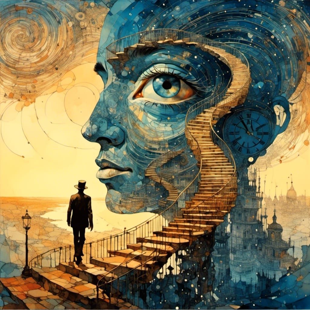 Surreal Staircase to a Giant Head in Dali Style