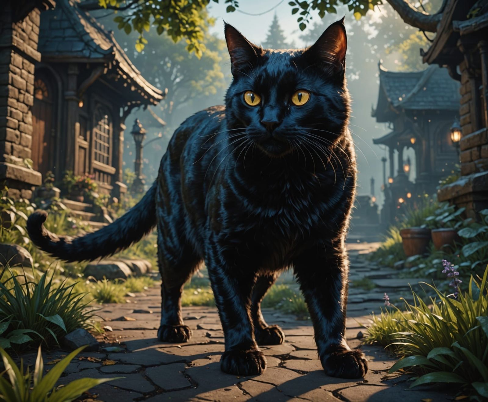 Mysterious Black Cat in a Fantastical Realm