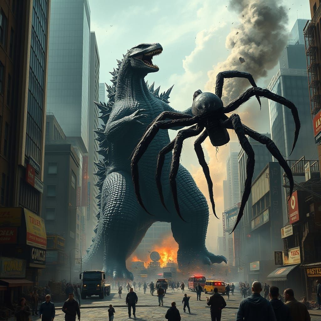 Godzilla Battles a Gargantuan Spider in a Dystopian Cityscap...