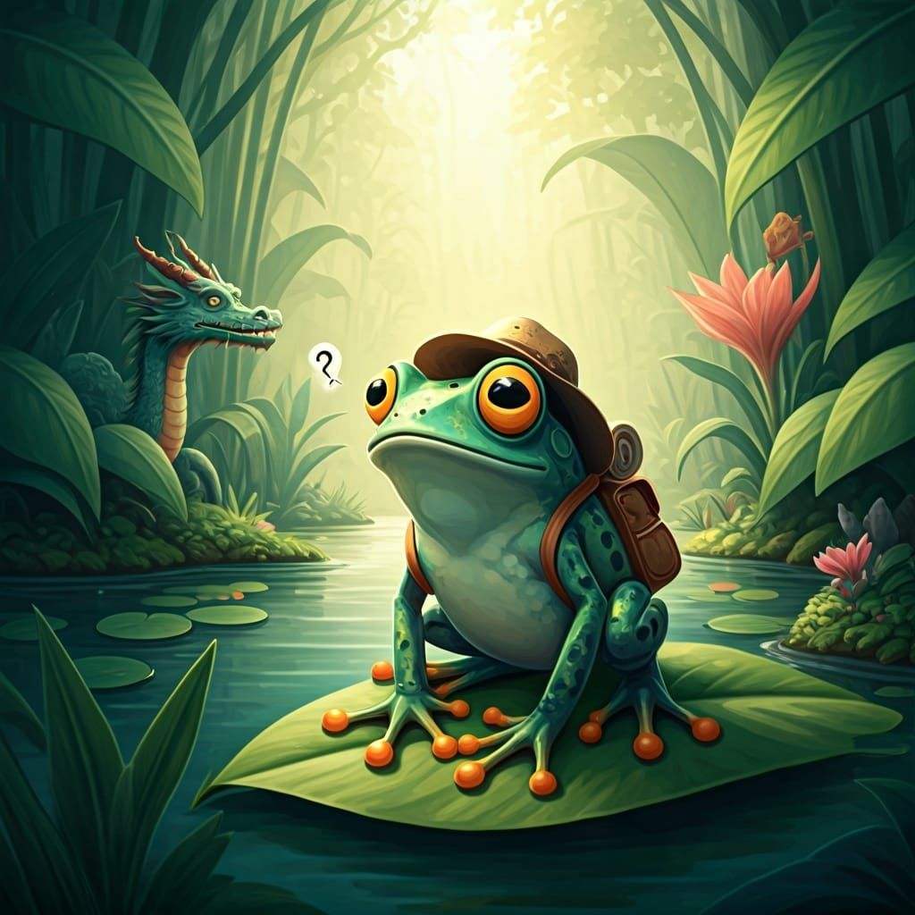Cartoon Frog Overlooking Mythical Pond