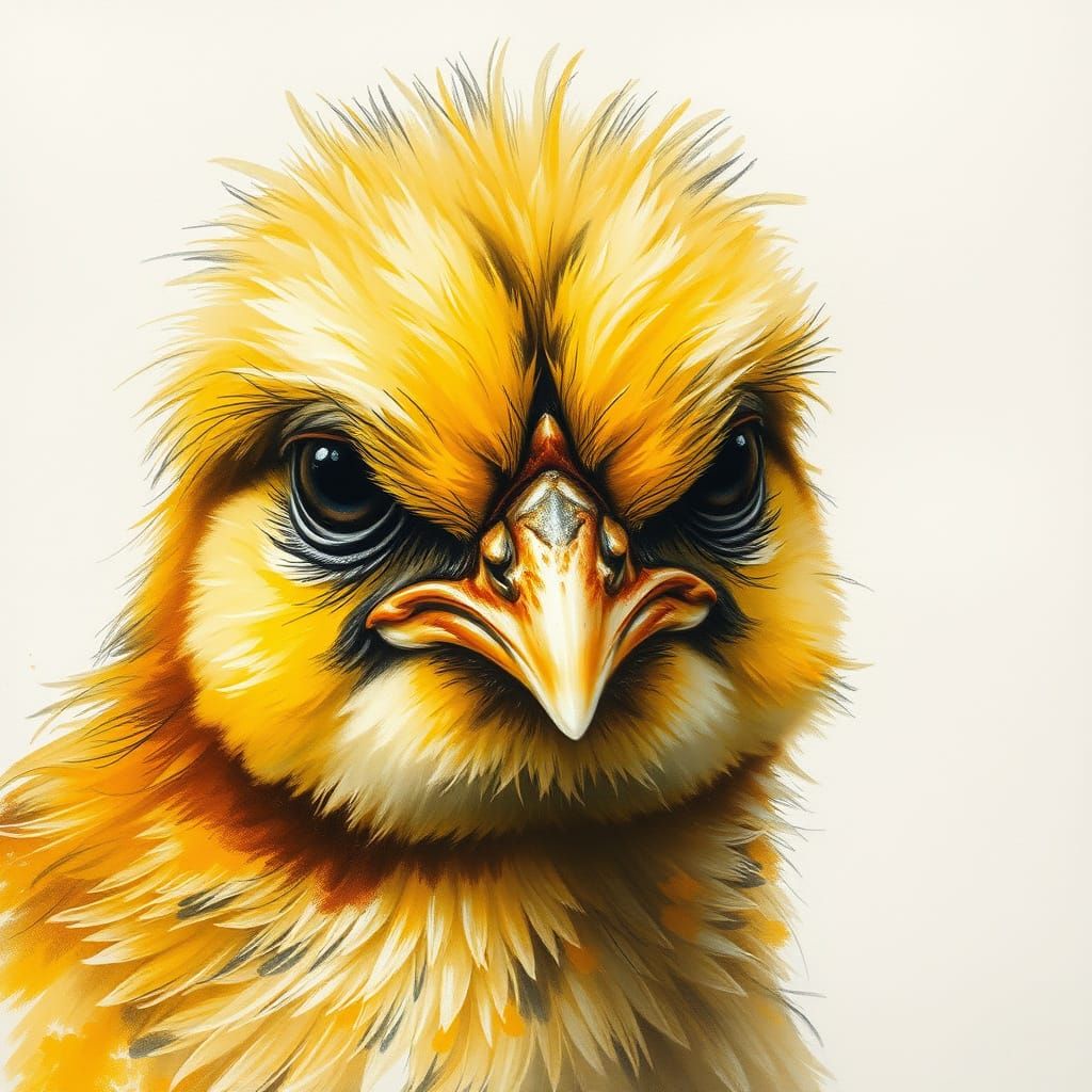 Grumpy Yellow Chick in Impressionist Gouache Style