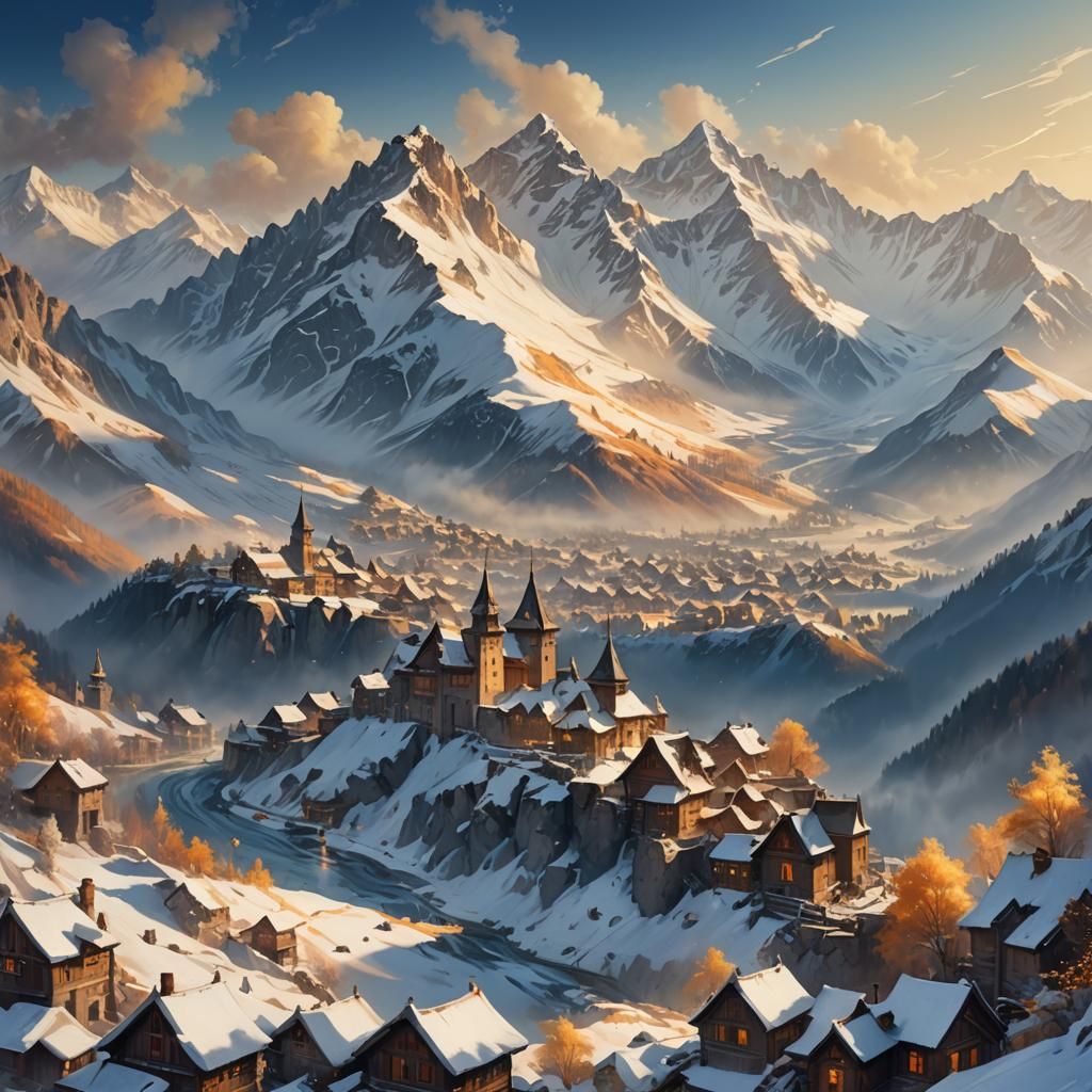Snow-Capped Peaks at Dawn in Art Deco Style