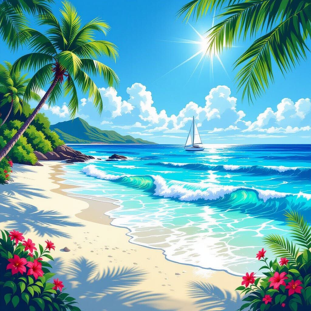 Turquoise Sea with White Sand and Distant Sailboat