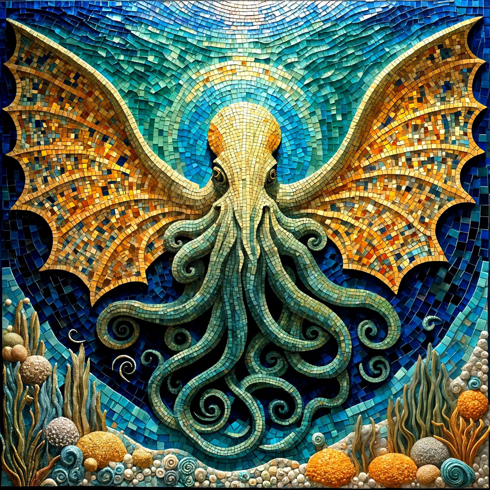 Glittery Mosaic Art of Cthulhu on Liquid Sea