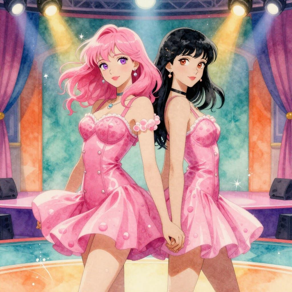Two Women on Girlypop Stage in Watercolor Style