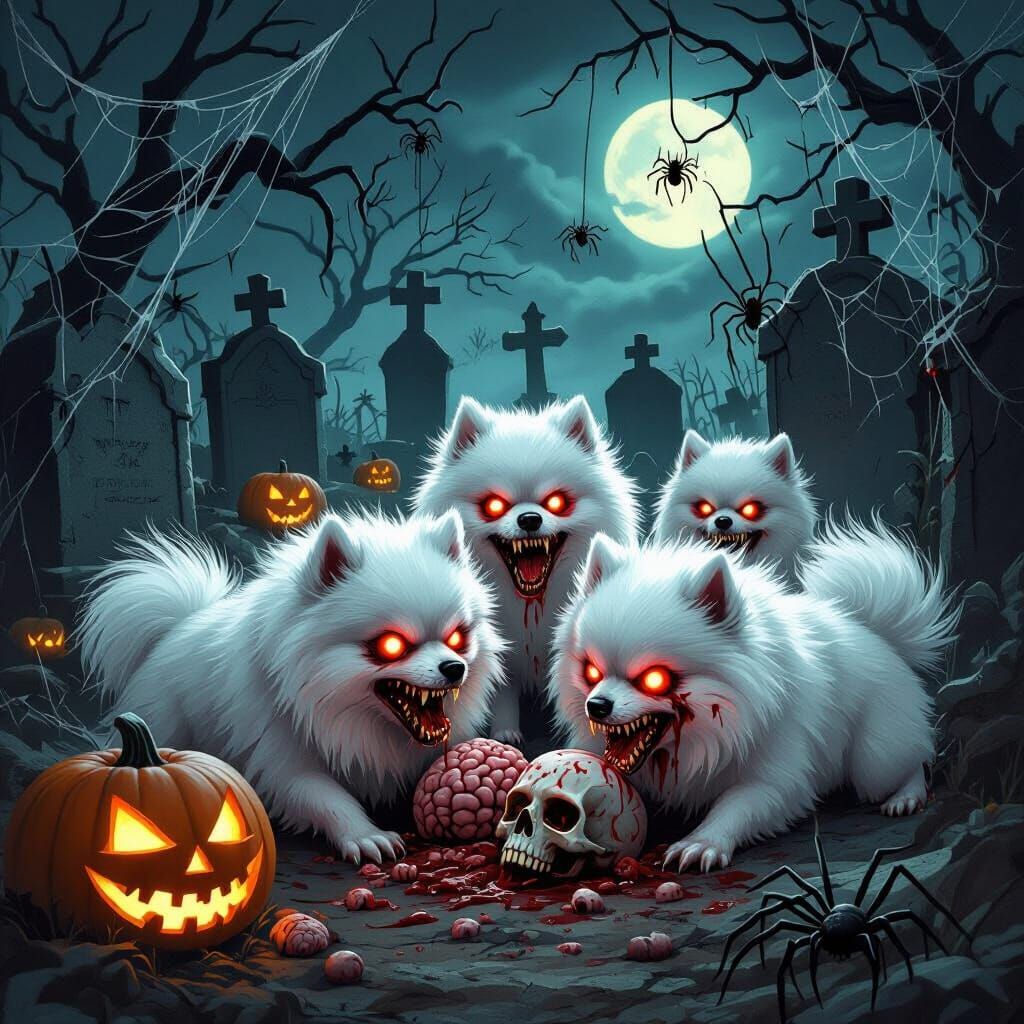 Zombie Pomeranians Feast on Brains in Haunted Cemetery