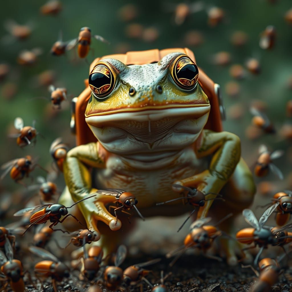 Surprised Frog Chased by Insects in Hyperrealism