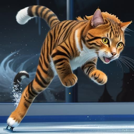 Tabby Cat Ice Skating: Detailed Digital Painting