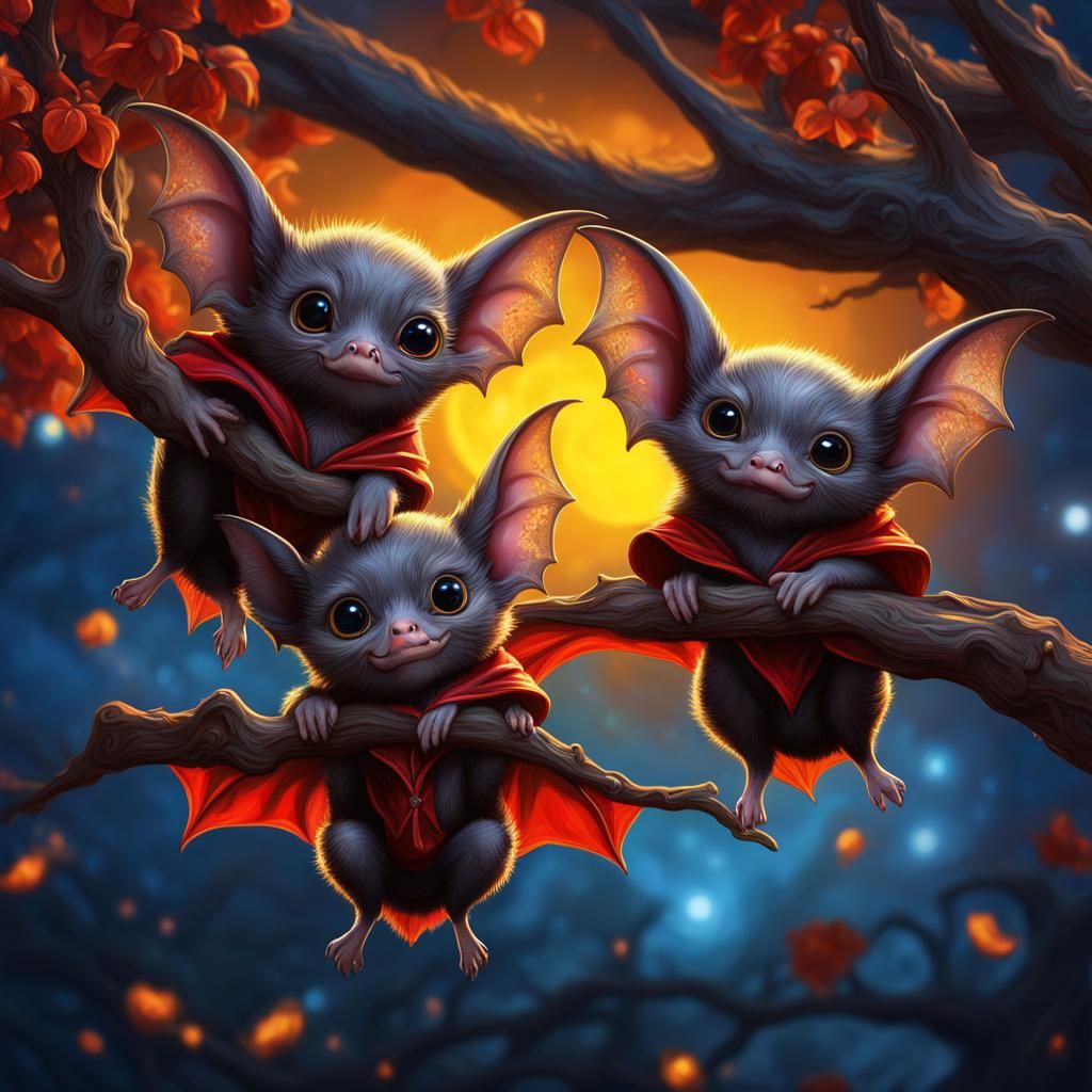 Cute Chibi Vampire Bats in Galaxy Sky