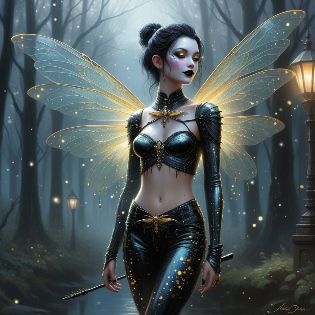 Goth Fairy with Majestic Dragonfly Wings in Glittery Black L...