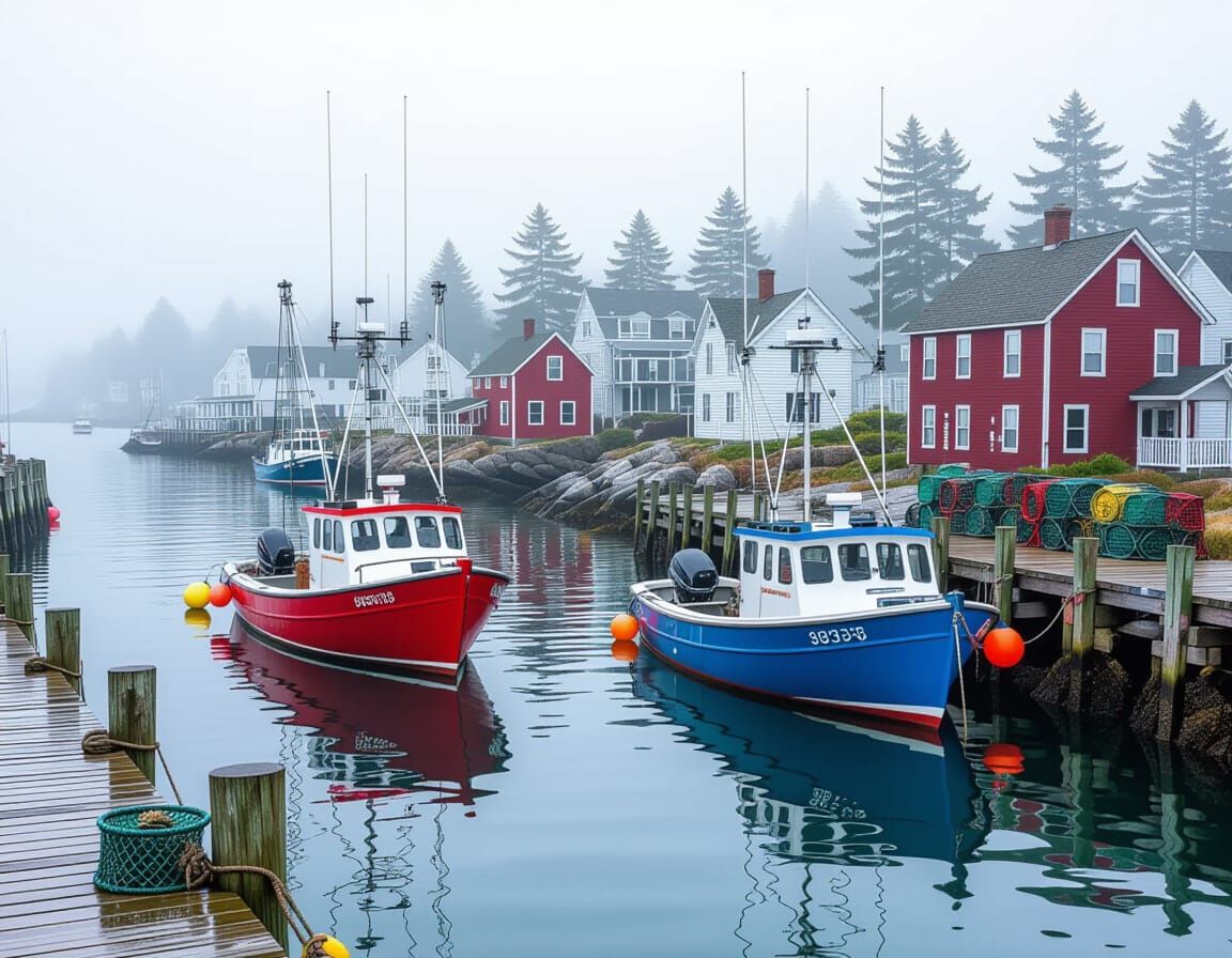 Lobster Boats in Foggy New England Harbor