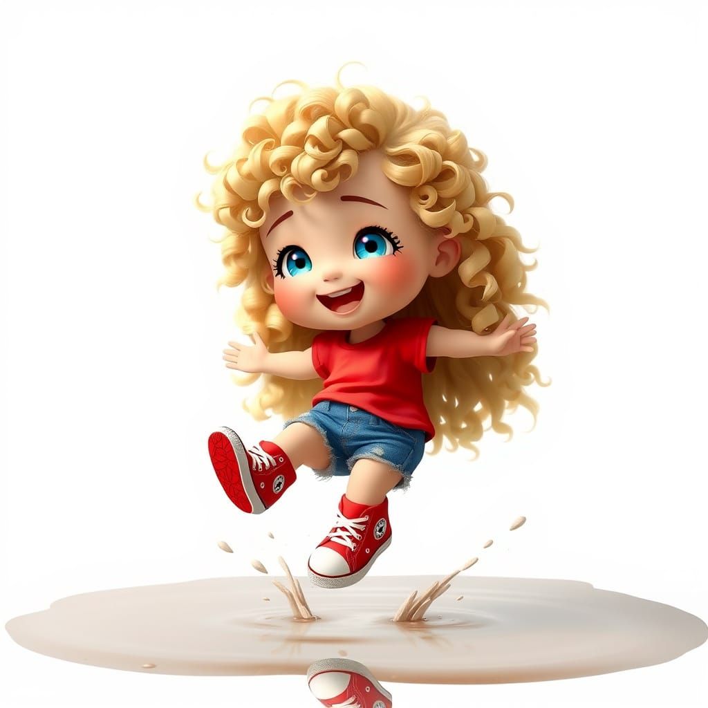 Chibi Girl Jumping in Puddle: Hyper-Realistic 3D Render