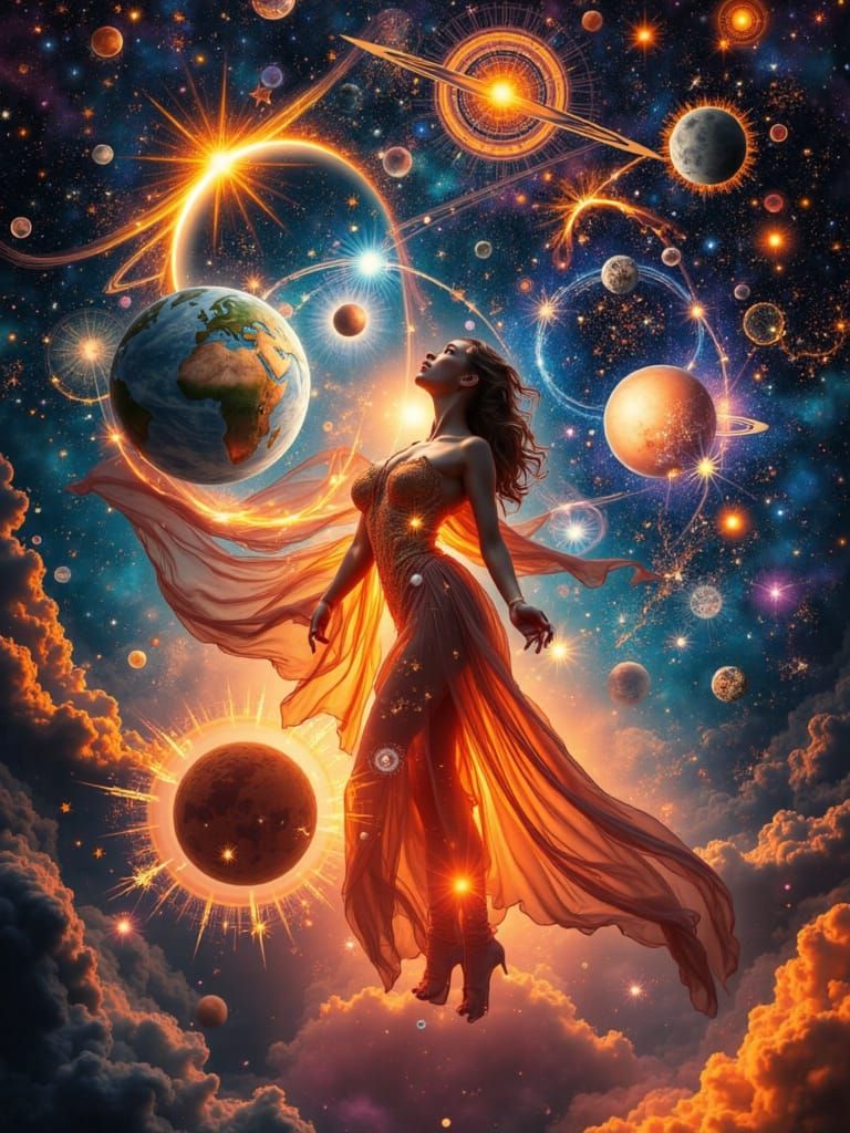 A Radiant Woman Floats Serenely Amidst the Solar System