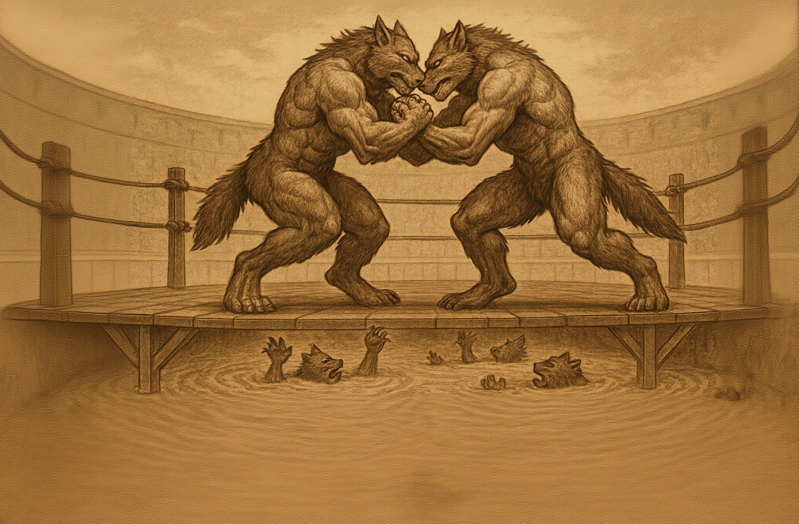 Tribal Wolf-Beastmen Wrestling Above Quicksand Arena