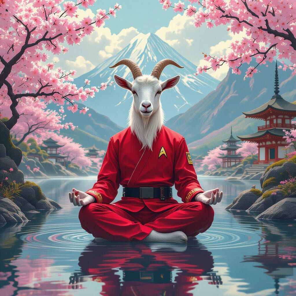 Meditating Goat in Sakura Garden as Digital Painting