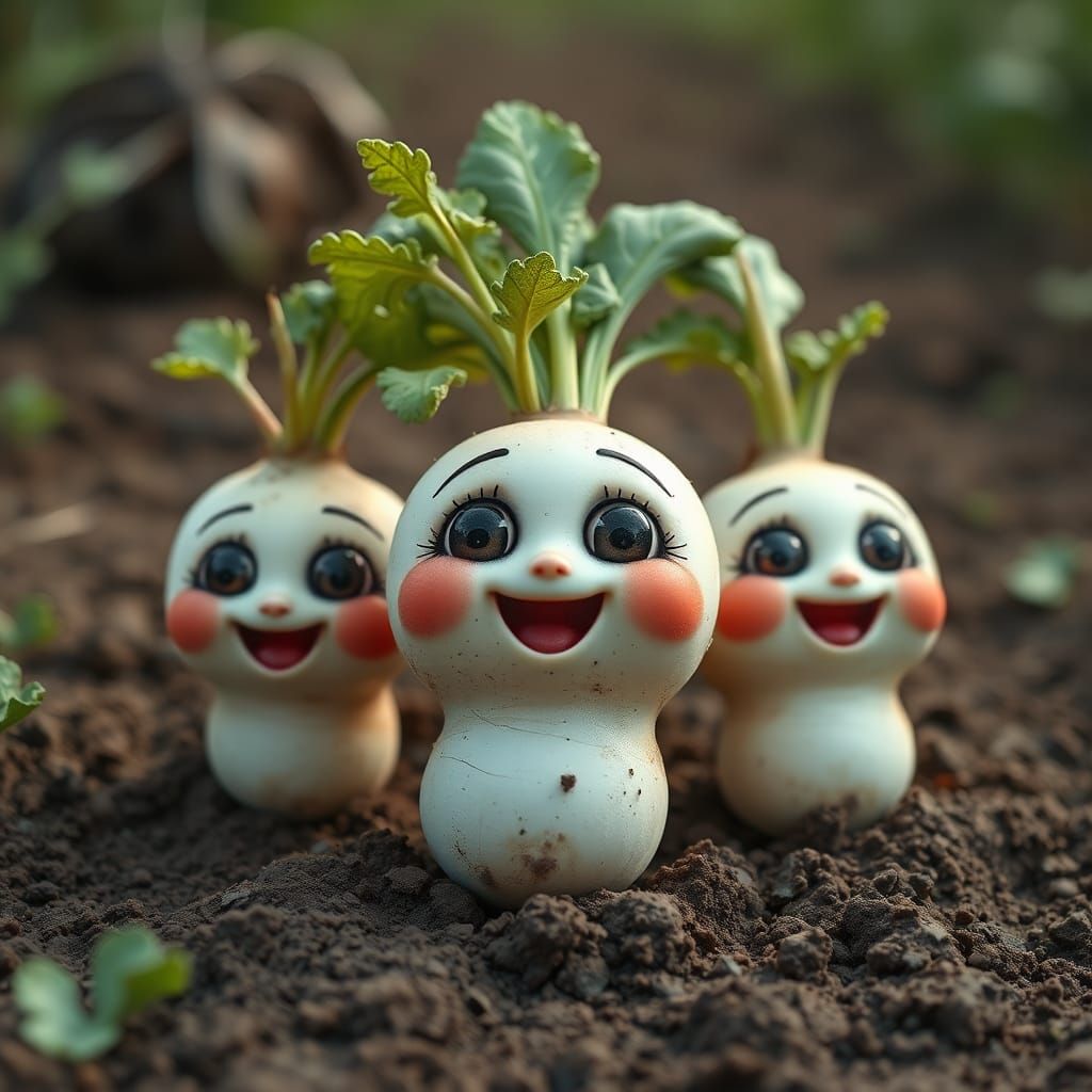 Cute Turnips Singing in a Farm, Hyperrealistic Style