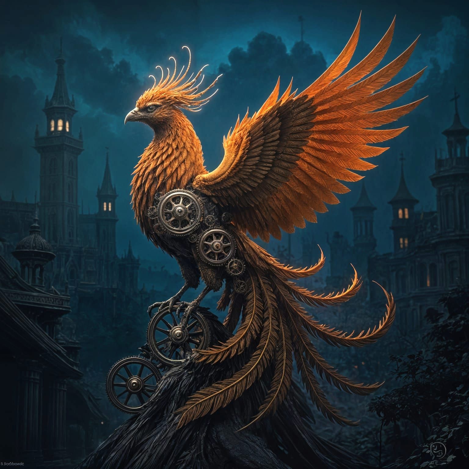 Surreal Steampunk Phoenix With Clockwork Gears